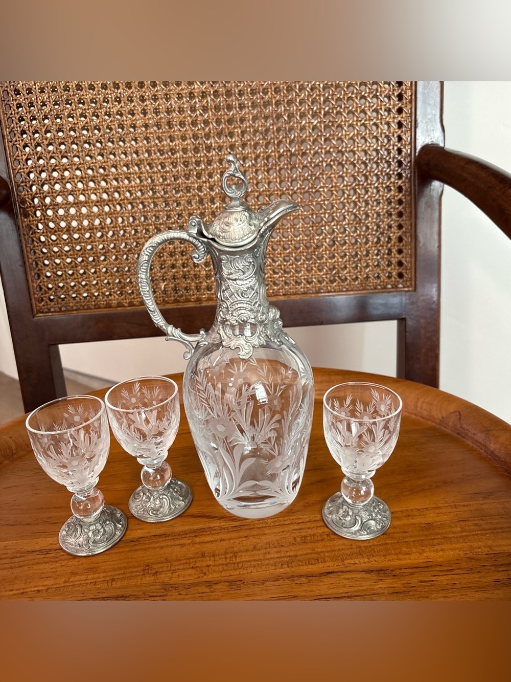Vintage Peltro Claret Crystal Jug? W/ Pewter. 95% 3 Small Glasses—Italy— barware